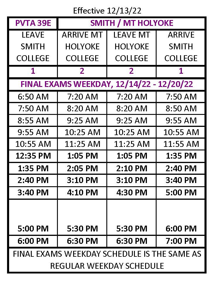 39E Fall Finals Weekday Schedule