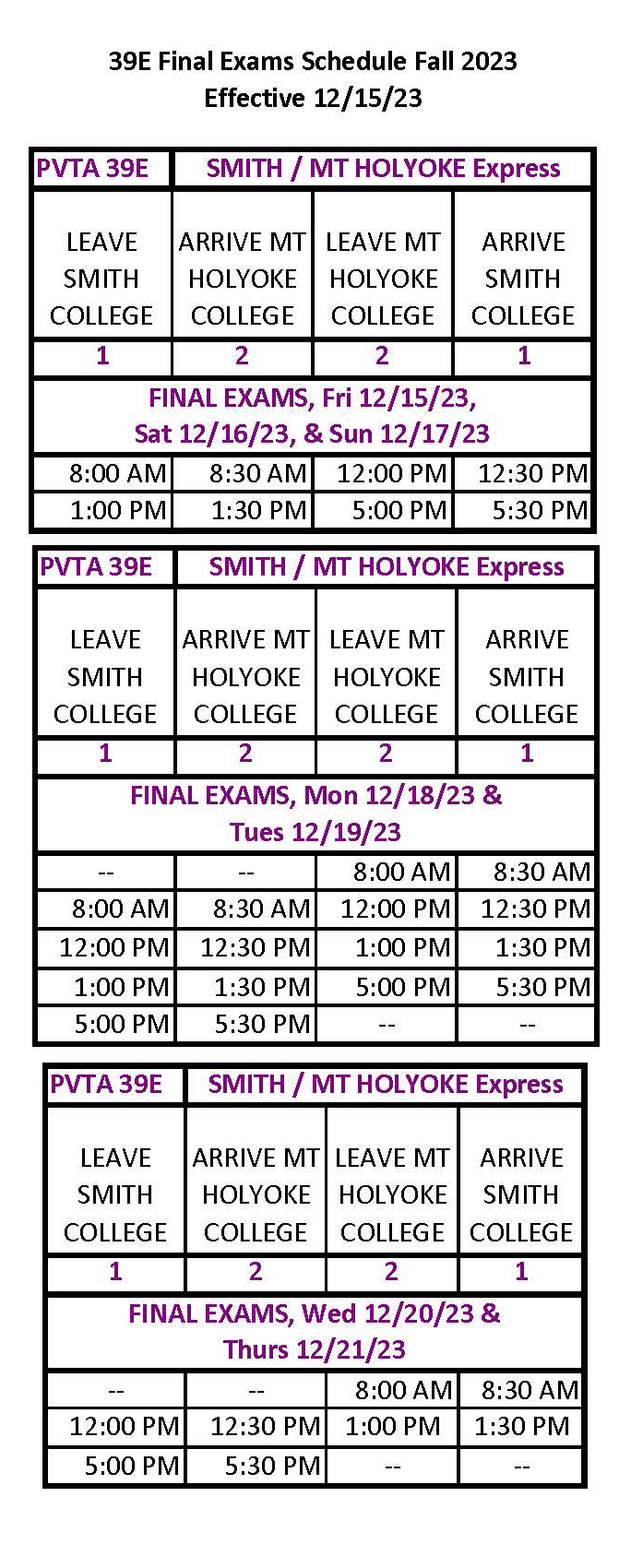39E fall 2023 finals bus schedule