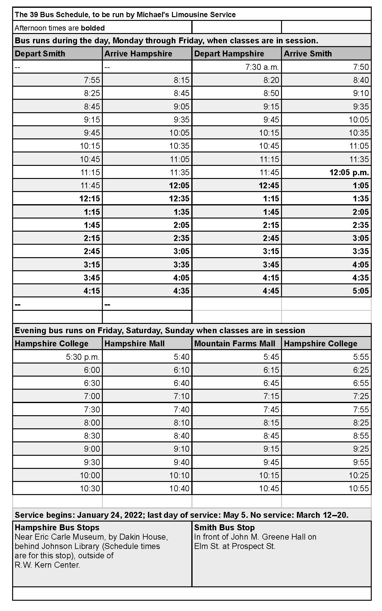 Schedule for 39 bus route, spring 2022