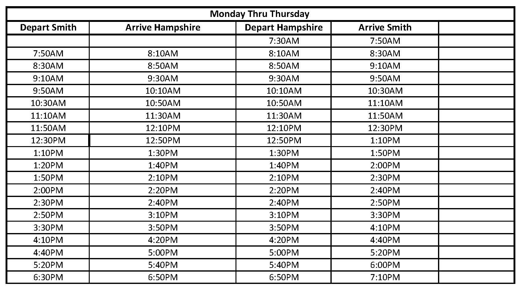 Bus schedule for Monday through Thursday