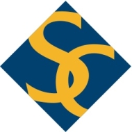 An interlocking yellow SC on a dark blue background
