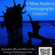 Silhouette of a group of dancers and solo dancers on a blue lit stage with the words Alive With Dance Presents and in bigger text UMass Student Choreography Concert.