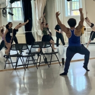 Duane Lee-Holland demonstrates a move for the Five College Dance Spring 23 auditions at Scott Dance Studio, Smith College.