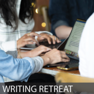 Hands typing on laptop with text at bottom saying Writing Retreat