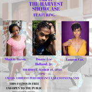 CRAV the Harvest Showcase poster with headshots of the 3 choreographers: 2 female presenting black women and a black male in the center.