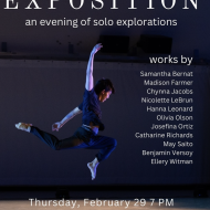 poster for Exposition, a male presenting dancers leaps with arms reaching up and down and legs bent forward and back