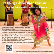 Dancer in a bright red kaftan against a chartruese background where 2 drummers are visible. Advertising open faculty position for African Dance / Diaspora.