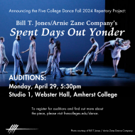 ID: A poster backgrounded by a photo of dancers in light colored clothing on a dark blue lit stage. White text at the top and bottom provides event details. 