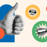 Two mouths and a thumbs up featured in colorful shapes.