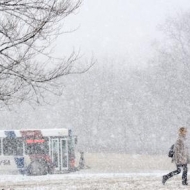 bus and pedestrian in snow