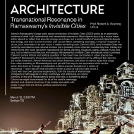 poster for dancing about architecture shows 5 dancers against a background of a fanciful city