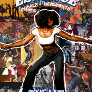 A black woman with a shoulder length Afro in a white top and black jeans dances in front of a collage.