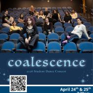 Blue poster with several dance choreographers posing on the seats of a theater.