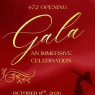 A deep red poster with yellow script Gala features a silouette of f dancing figure in the right hand corner