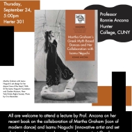 Martha Graham in a black dress hodling and standing on a sculpture by Noguchi