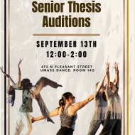 A poster in tan and gray with 5 dancers in various positions and groupings below. All reach their arms out
