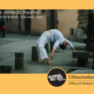 A dancer in white does a deep background on a street in Italy. 