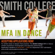 dancers hold hands and run in an ad for the mfa in dance at smith college