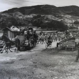 A crowd of soldiers and a horse pulling a wagon.