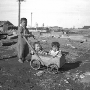 Three small children with one of them pulling a wagon with the other two in it.